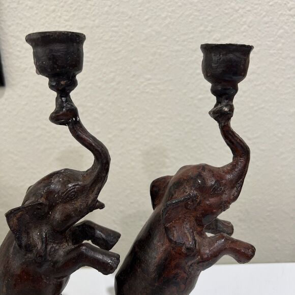Vintage Cast Metal Elephant PAIR Candle Holder Trunk Up Good Luck Rearing - Picture 12 of 14